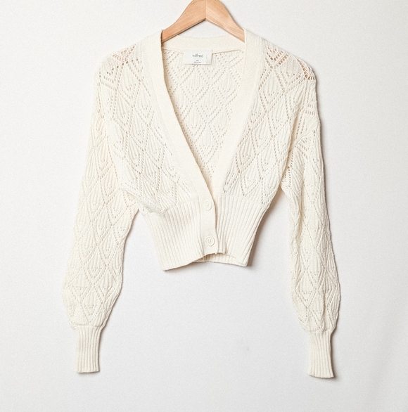 WILFRED Pointelle Plunge Front Cardigan Wool Crochet Oak White 2XS XXS Aritzia - Picture 11 of 12